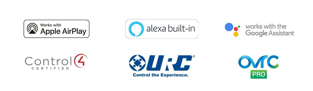 Apple AirPlay, Alex, Google Assistant, Control4, URC, and OvrC logos